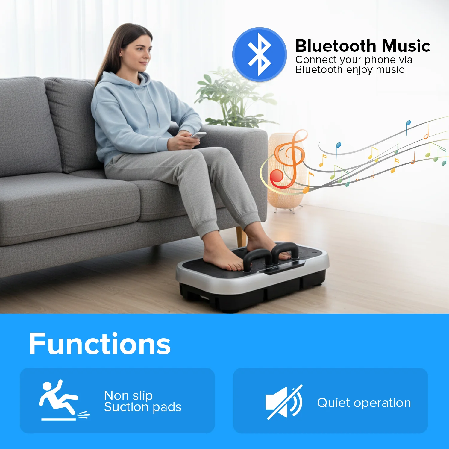 Geepas GVP86108 Vibration Plate Massager for Full Body Fitness Training | 5 Modes| Bluetooth Music | Touchscreen Display| Remote Control & Pull Ropes | For Home Workout - Image 6
