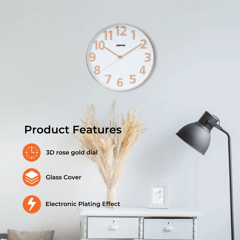 Geepas GWC26013 Wall Clock | Stylish 3D Rose Gold Dial with Glass Cover| Electronic Plating Effect| Precise Timekeeping | 2-Year Warranty | Ideal for Home & Office - Image 2