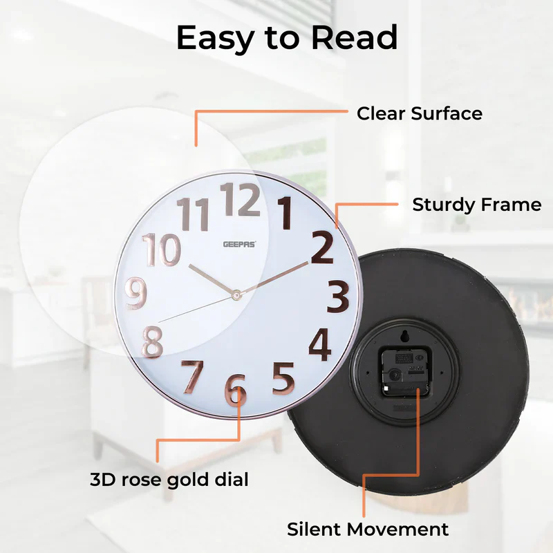 Geepas GWC26013 Wall Clock | Stylish 3D Rose Gold Dial with Glass Cover| Electronic Plating Effect| Precise Timekeeping | 2-Year Warranty | Ideal for Home & Office - Image 5