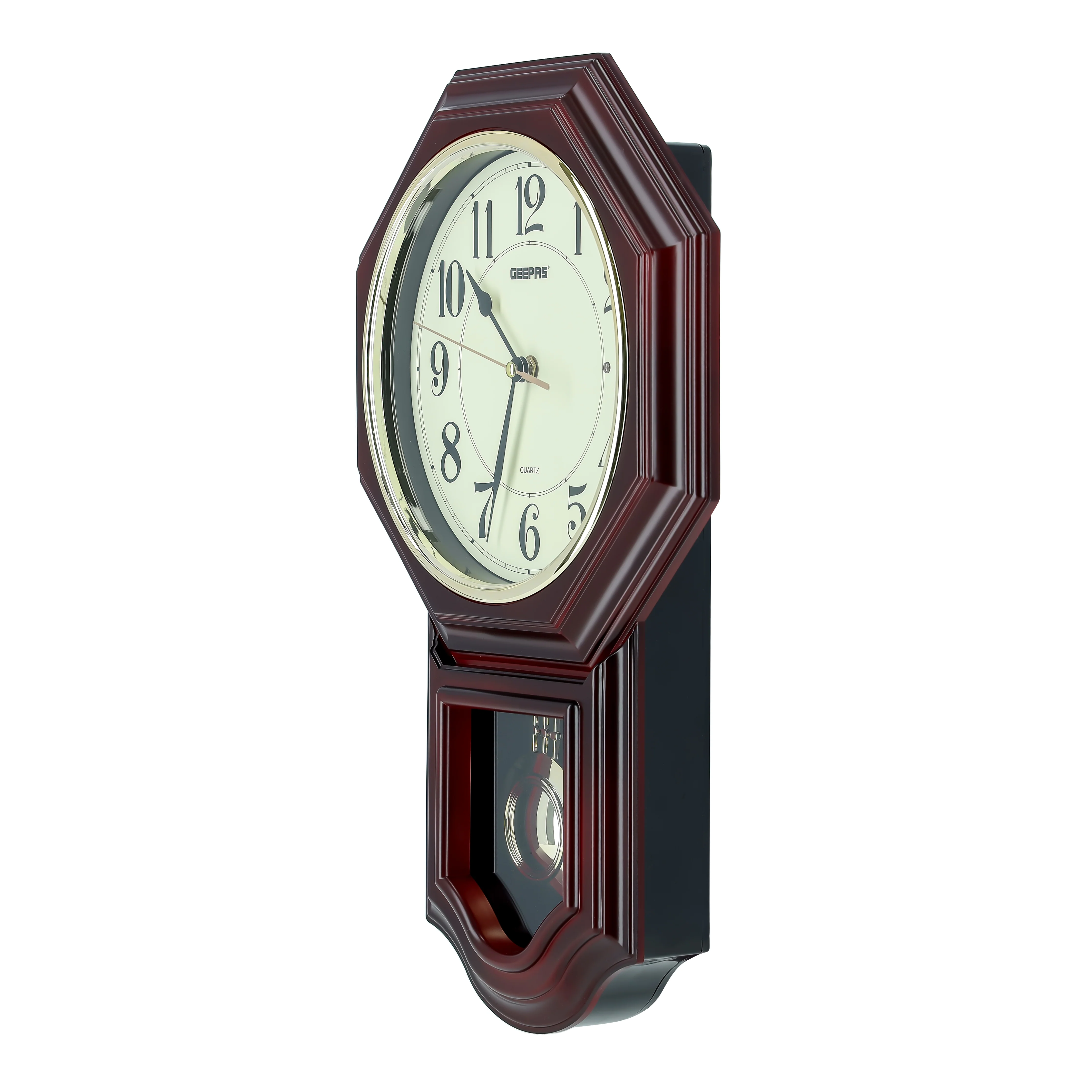 Geepas GWC4810 Pendulum Wall Clock | Painting Red Wooden Finish | Chrome Gold Ring | 12 Melodies| Taiwan Movement| Light Sensor| Elegant Vintage Design| 2-Year Warranty - Image 3