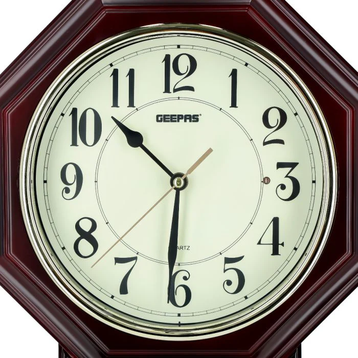 Geepas GWC4810 Pendulum Wall Clock | Painting Red Wooden Finish | Chrome Gold Ring | 12 Melodies| Taiwan Movement| Light Sensor| Elegant Vintage Design| 2-Year Warranty - Image 5