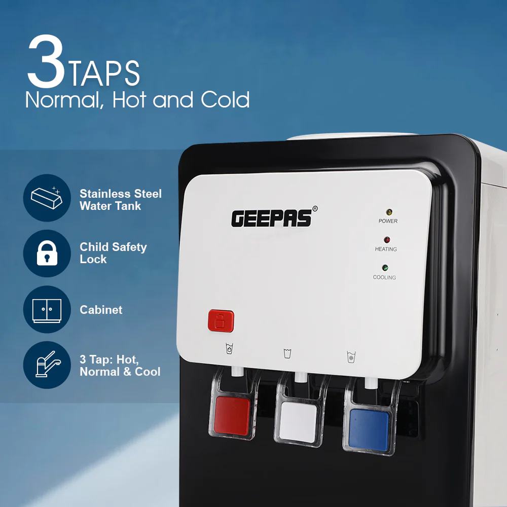 Geepas GWD17019 Water Dispenser with Hot, Cold & Normal Water| Food-Grade Stainless Steel Tank| Child Safety Lock| Built-In Storage Cabinet & Powerful Compressor - Image 3