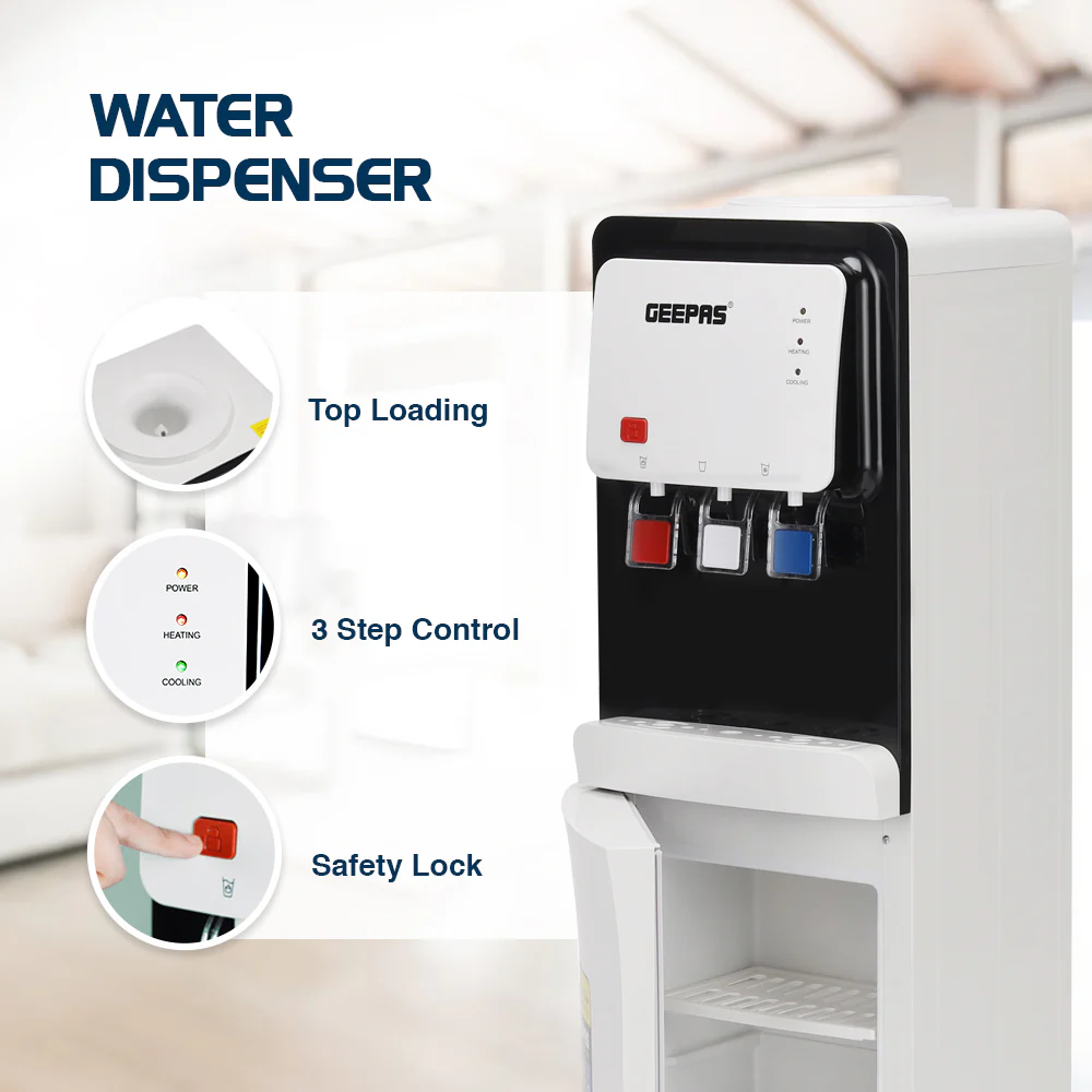 Geepas GWD17019 Water Dispenser with Hot, Cold & Normal Water| Food-Grade Stainless Steel Tank| Child Safety Lock| Built-In Storage Cabinet & Powerful Compressor - Image 5