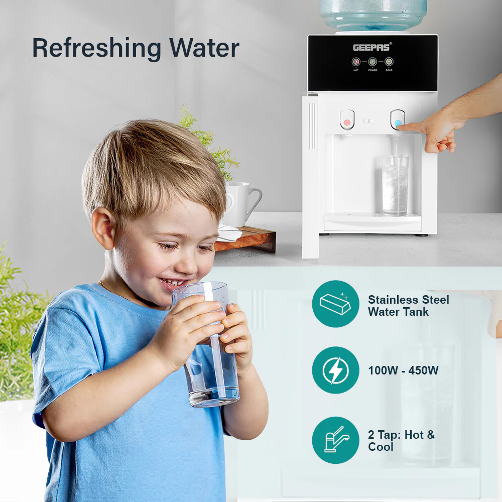 Geepas GWD17033 Hot & Cold Desk Top Water Dispenser | Stainless Steel Water Tank| Tempered Glass Door| Child Safety Lock | Fast Cooling Performance & Powerful Compressor - Image 4