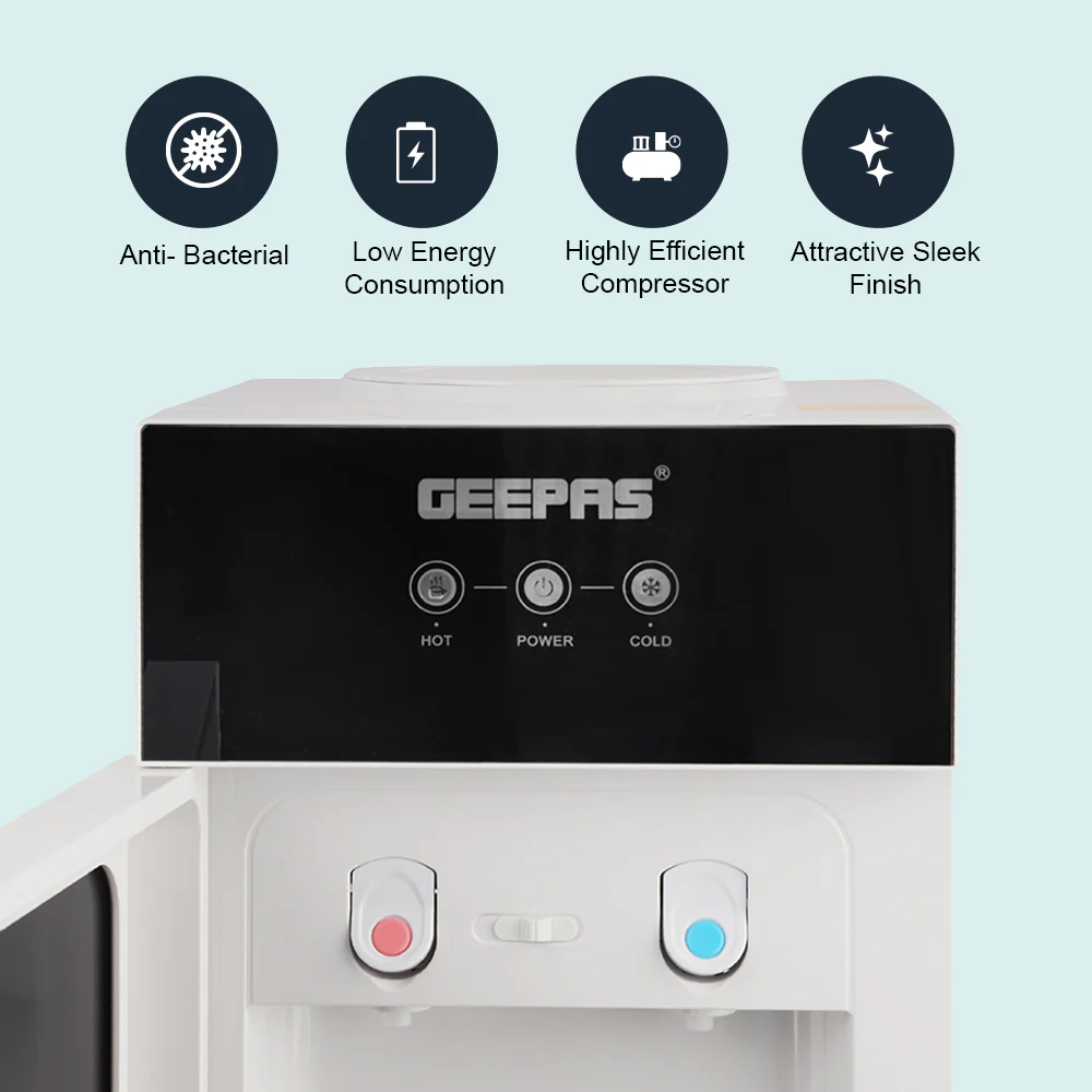 Geepas GWD17033 Hot & Cold Desk Top Water Dispenser | Stainless Steel Water Tank| Tempered Glass Door| Child Safety Lock | Fast Cooling Performance & Powerful Compressor - Image 6