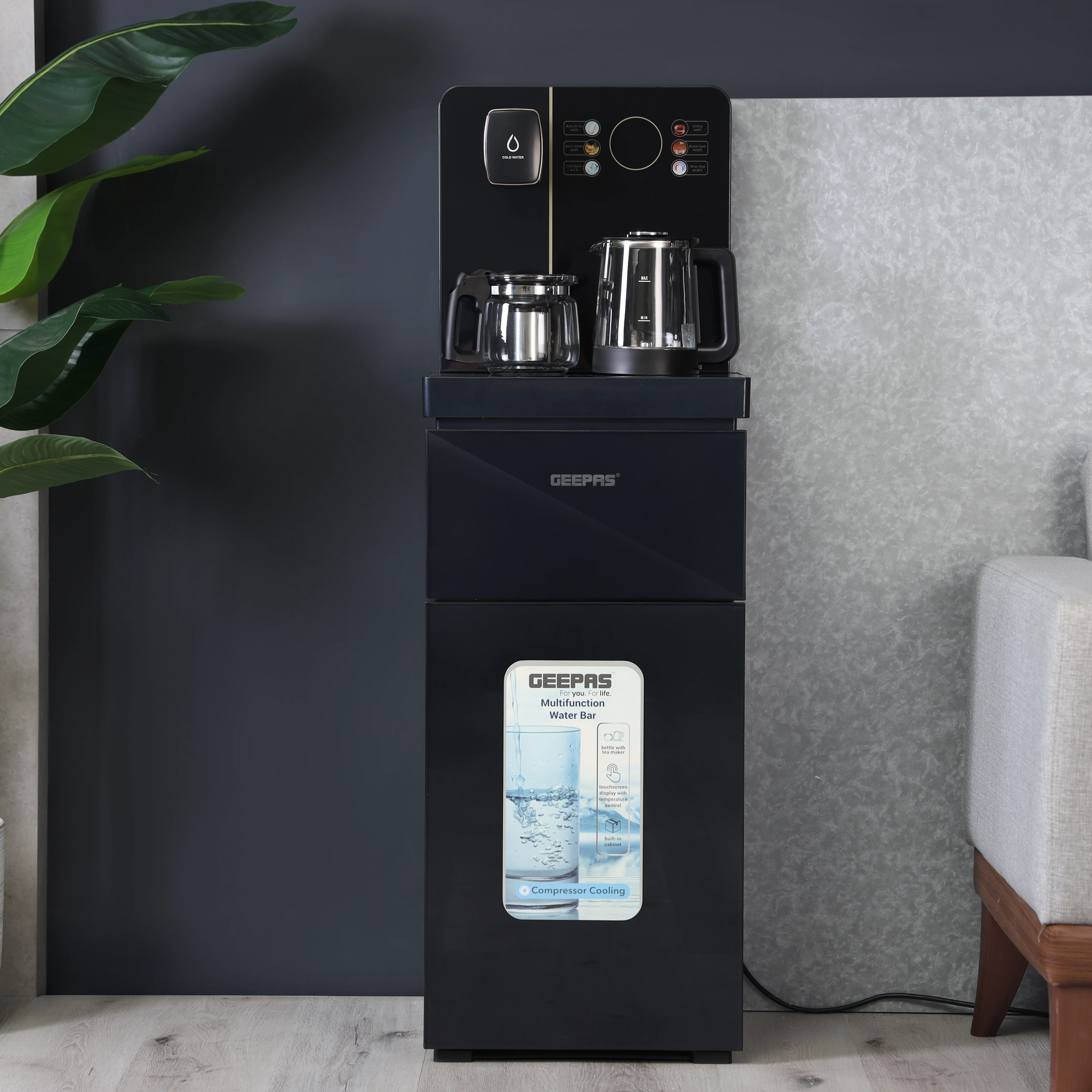 Geepas GWD17041 Multifunction Water Bar with Touchscreen Display | Hot & Cold Water Dispenser | Premium Tea Maker Kettle| Bottom Loading Design & Built-In Storage Cabinet - Image 2