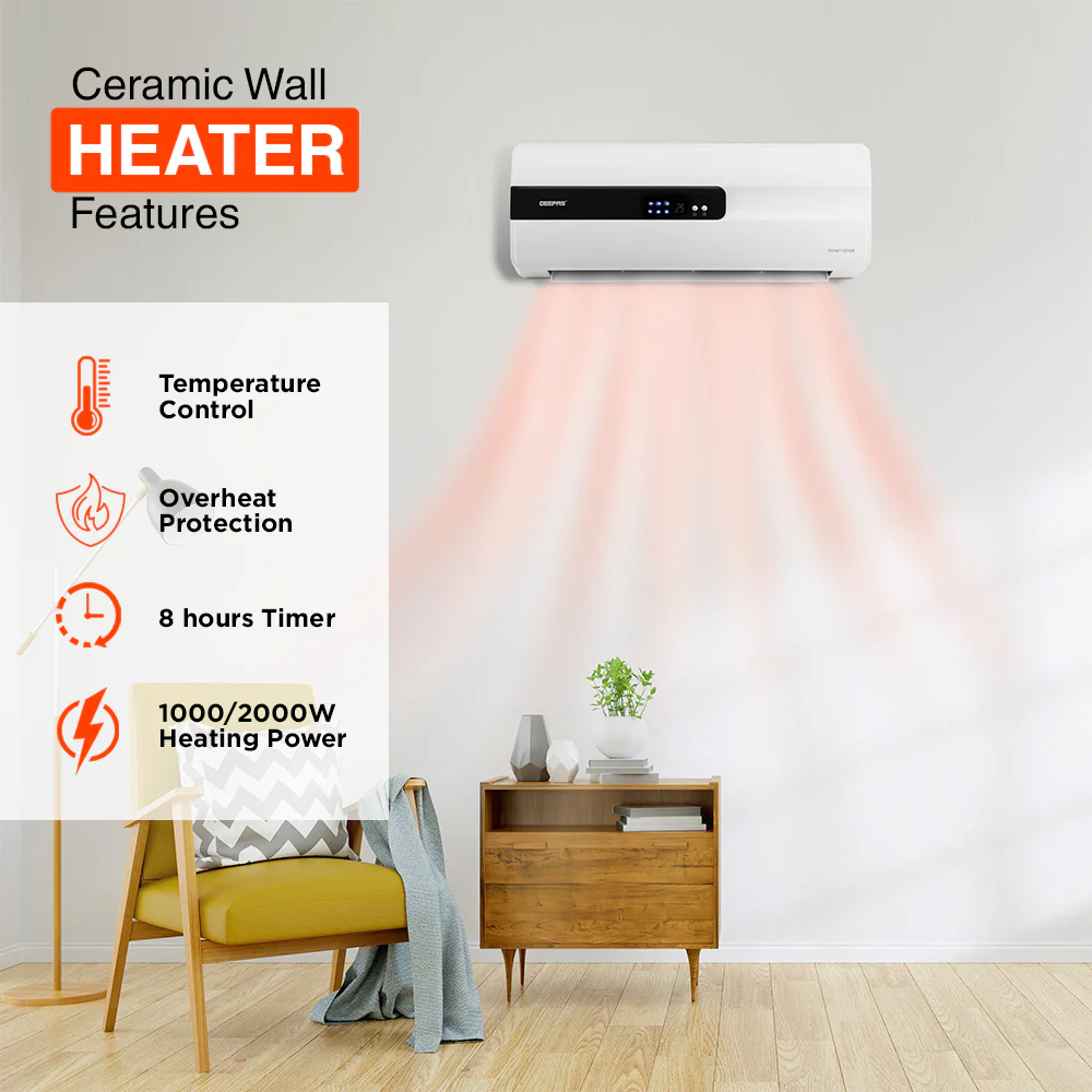 Geepas GWH28515 PTC Ceramic Wall Heater | LED Display | Adjustable Thermostat | 2 Heat Settings | Remote Control | Overheat Protection | 8 Hour Timer for Home & Office - Image 3