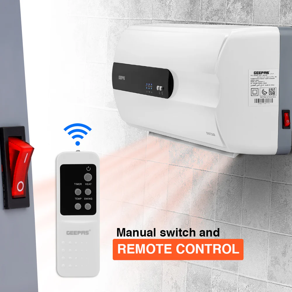 Geepas GWH28515 PTC Ceramic Wall Heater | LED Display | Adjustable Thermostat | 2 Heat Settings | Remote Control | Overheat Protection | 8 Hour Timer for Home & Office - Image 6