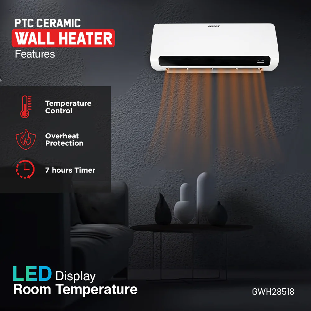 Geepas GWH28518 PTC Ceramic Wall Heater | LED Display | Electronic Temperature Control| 2200W Power | 2 Heat Settings | Remote Control | Timer & Overheat Protection - Image 6