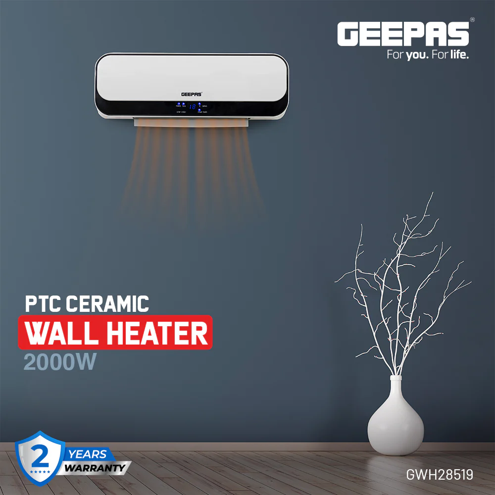 Geepas PTC Ceramic Wall Heater GWH28519 with 2000W power, 2 heat settings, remote control, LED display, 8-hour timer, and overheat protection for safe and efficient heating. - Image 2
