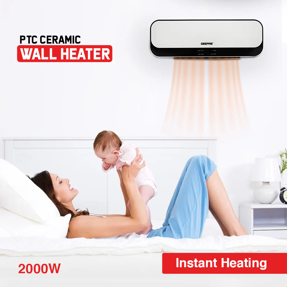 Geepas PTC Ceramic Wall Heater GWH28519 with 2000W power, 2 heat settings, remote control, LED display, 8-hour timer, and overheat protection for safe and efficient heating. - Image 3
