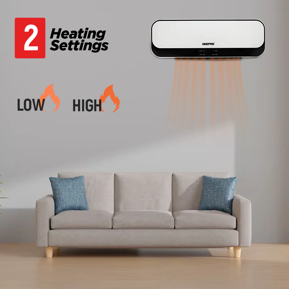 Geepas PTC Ceramic Wall Heater GWH28519 with 2000W power, 2 heat settings, remote control, LED display, 8-hour timer, and overheat protection for safe and efficient heating. - Image 4