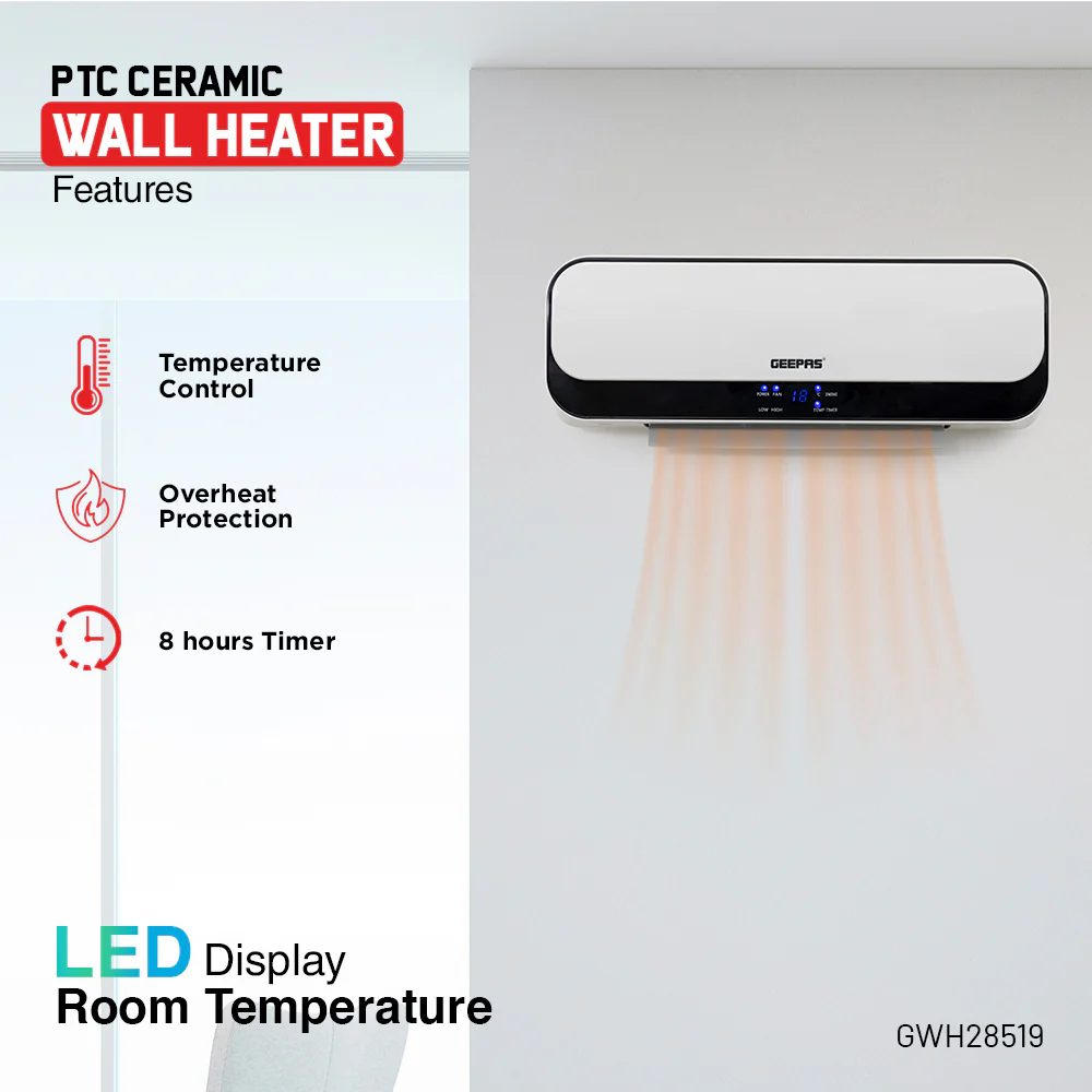 Geepas PTC Ceramic Wall Heater GWH28519 with 2000W power, 2 heat settings, remote control, LED display, 8-hour timer, and overheat protection for safe and efficient heating. - Image 5