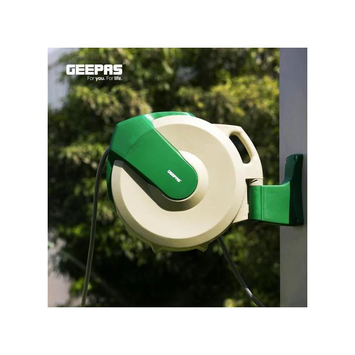 Geepas GWH59057 10M 1/2" Auto-Retracting Water Hose Reel with Level Track, Swivel Mounting Bracket, Full Set of Hand Sprays and Hose Fittings - Image 2