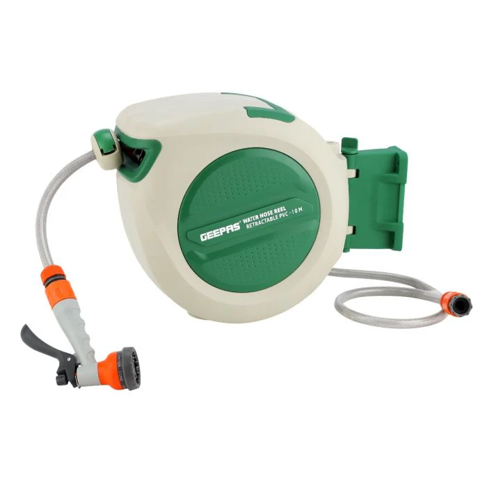 Geepas GWH59267 10M Auto Retractable Water Hose Reel | Stop-Anywhere Lock | 180° Swivel Wall Mount | PVC Hose | Spray Nozzle & Full Garden Fittings for Outdoor Use - Image 2