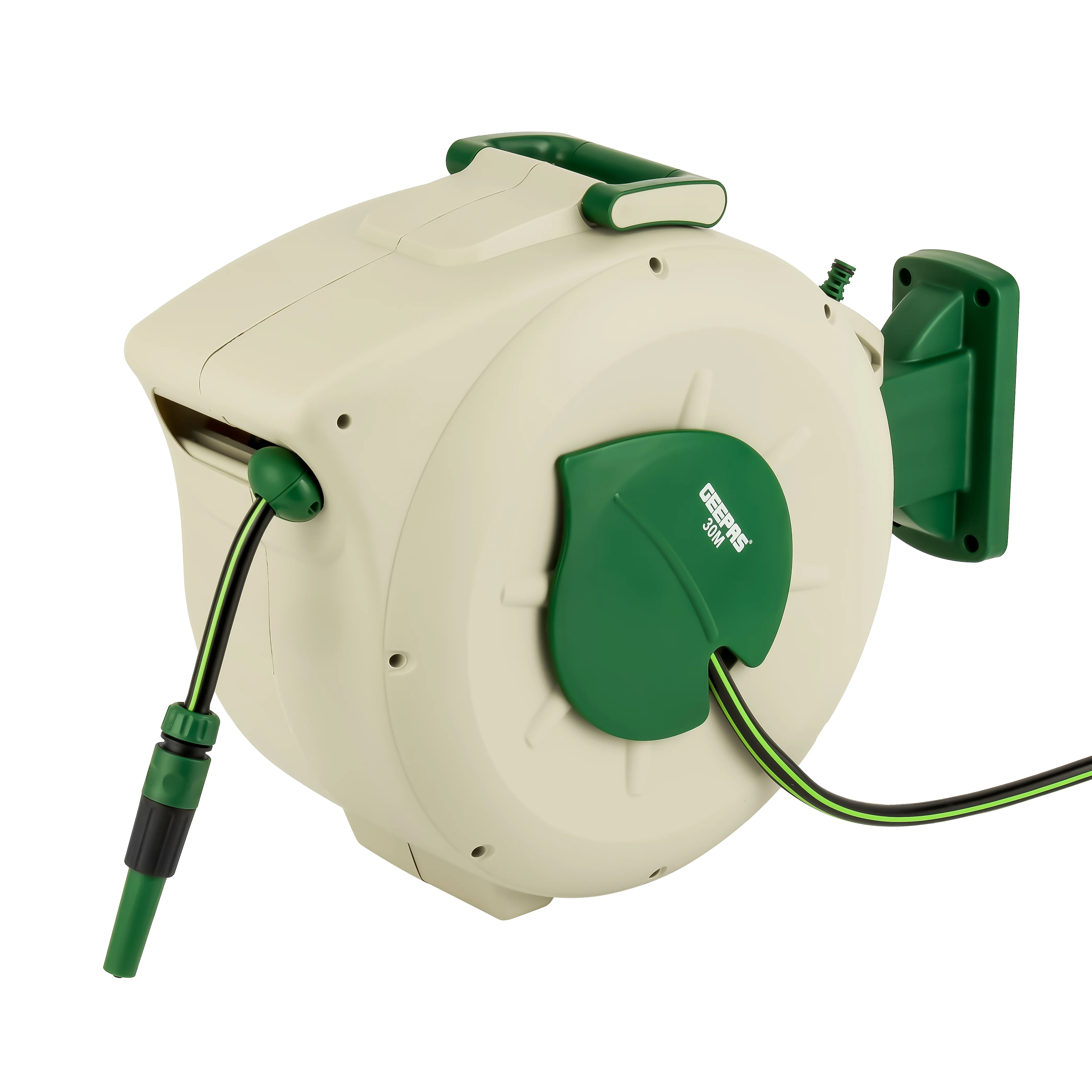 Geepas GWH59379 30M Auto Rewind Garden Hose Reel | Slow Auto Retraction | Stop Anywhere Lock | 180° Swivel Mount Bracket | Durable Build with Full Hose Fittings - Image 3