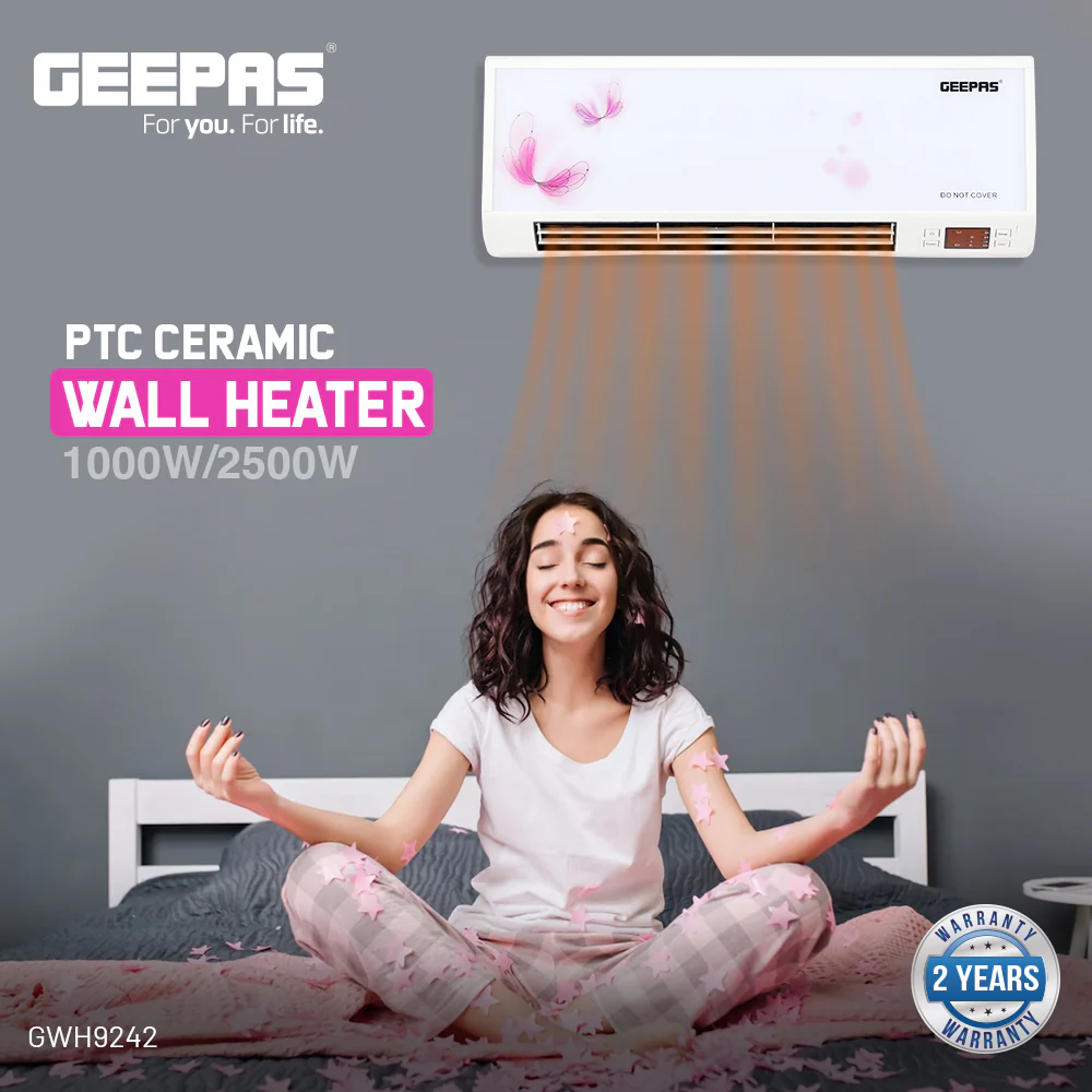 Geepas GWH9242 PTC Wall Heater with Remote Control | 2500W Power | 2 Heat Settings |Ceramic Heating Element | Temperature Control | 7.5 Hour Timer & Oscillating Louvers - Image 2