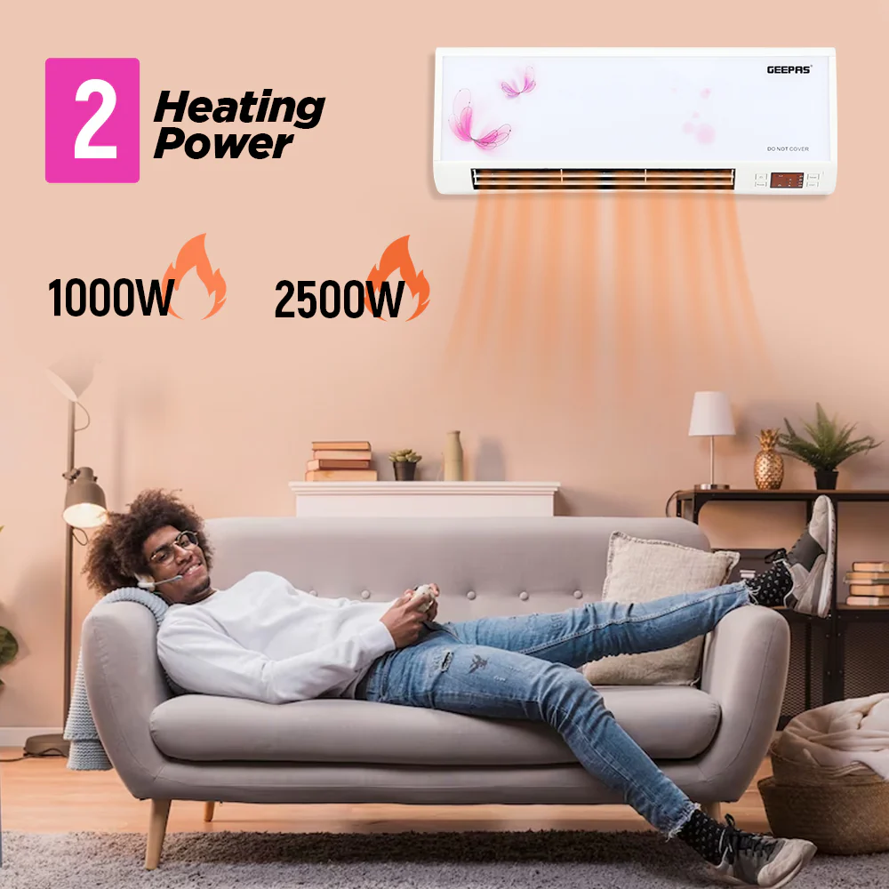 Geepas GWH9242 PTC Wall Heater with Remote Control | 2500W Power | 2 Heat Settings |Ceramic Heating Element | Temperature Control | 7.5 Hour Timer & Oscillating Louvers - Image 4