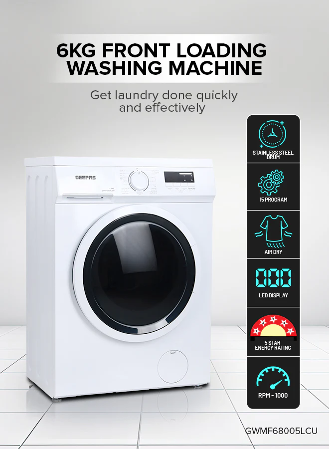 Geepas GWMF68005LCM Front Loading Washing Machine | 6kg Capacity | 1000 RPM |        15 Wash Programs | LED Display | Energy Efficient Performance |  1 Year Warranty - Image 2