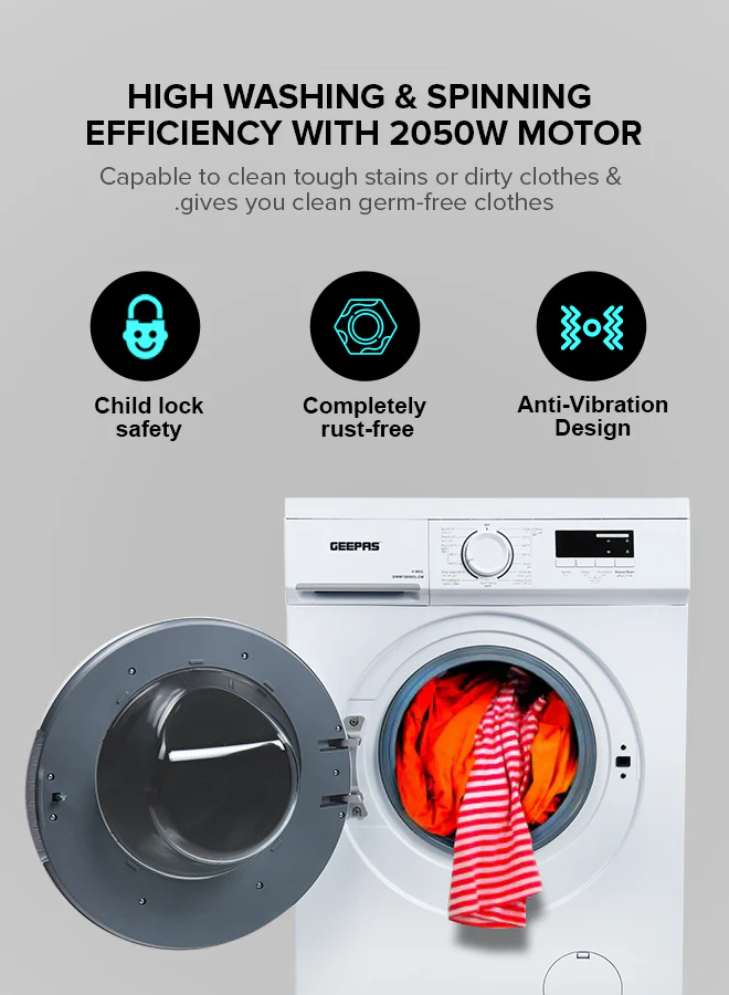 Geepas GWMF68005LCM Front Loading Washing Machine | 6kg Capacity | 1000 RPM |        15 Wash Programs | LED Display | Energy Efficient Performance |  1 Year Warranty - Image 4