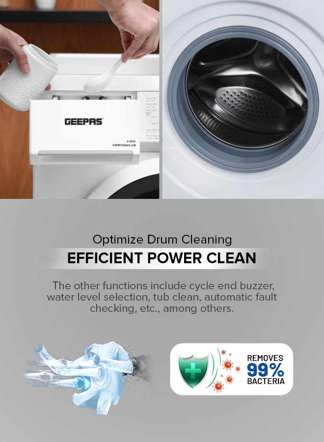 Geepas GWMF68005LCM Front Loading Washing Machine | 6kg Capacity | 1000 RPM |        15 Wash Programs | LED Display | Energy Efficient Performance |  1 Year Warranty - Image 6