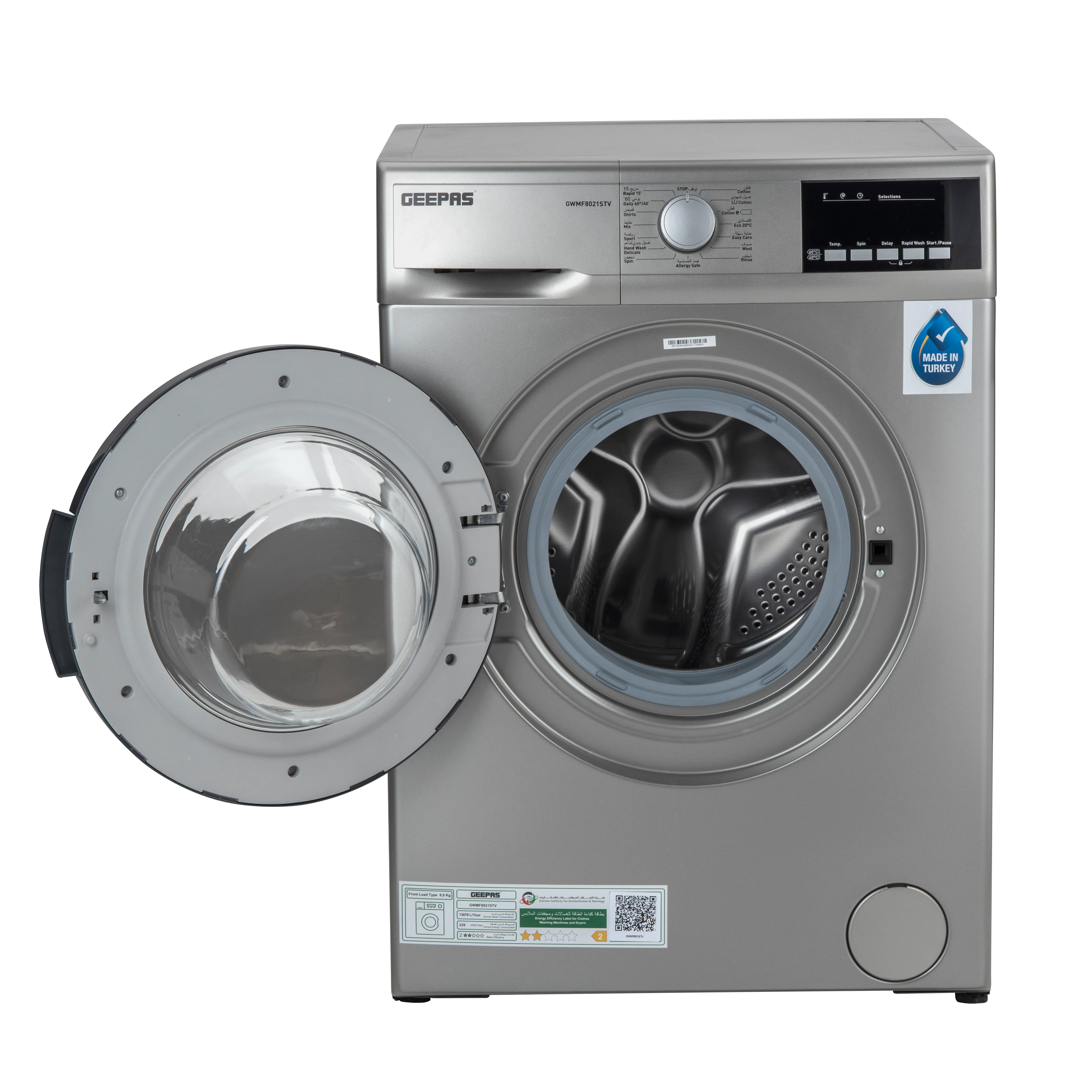 Geepas GWMF8021STV 8kg Fully Automatic Front Load Washing Machine |1400 RPM Spin Speed |15 Wash Programs | Eco Logic System | LED Display and Wide Door |1 Year Warranty - Image 3
