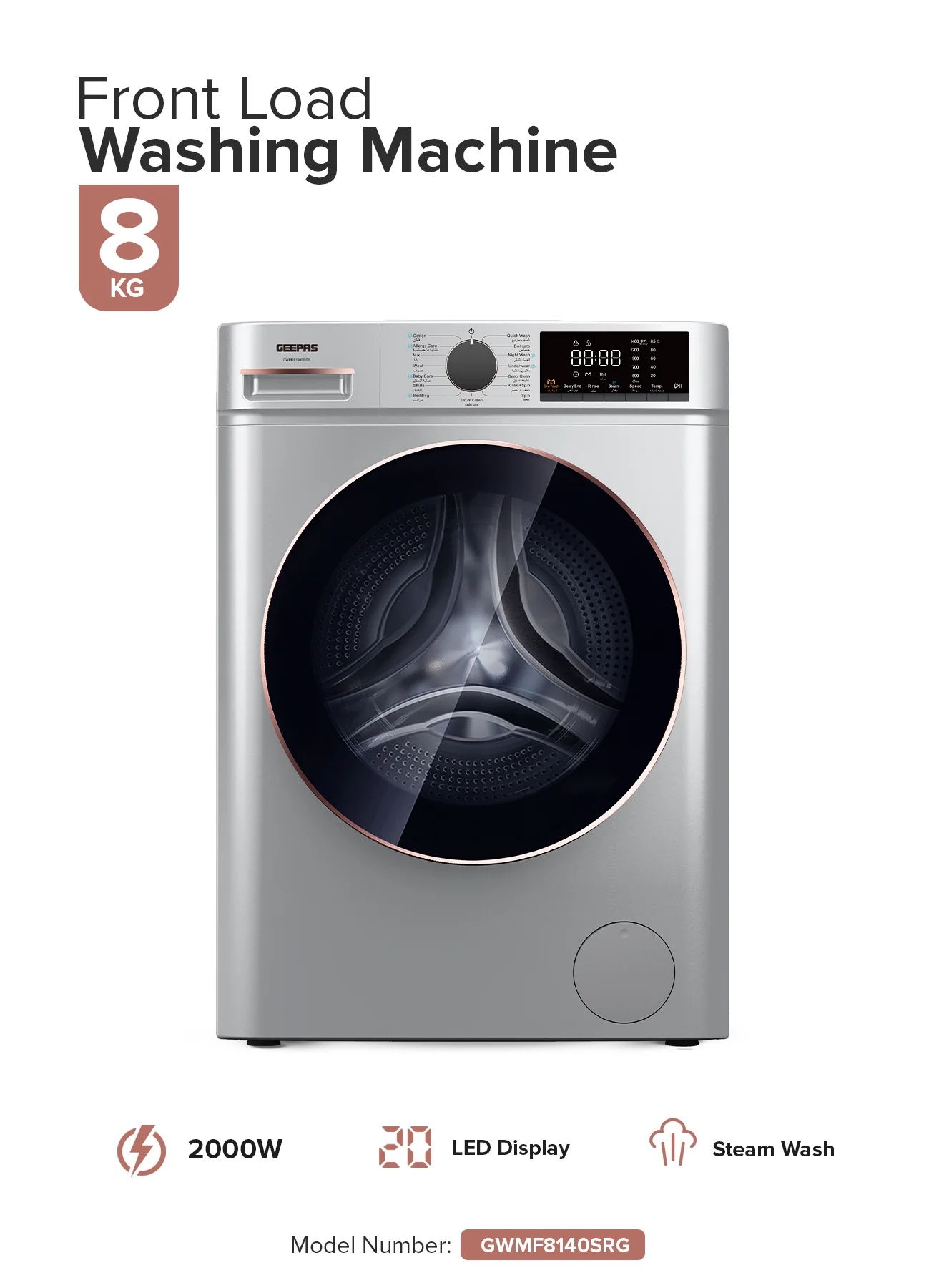 Geepas GWMF8140SRG Front Load Washing Machine | 8Kg Large Capacity| 1400 RPM Spin Speed| Steam Wash Function| BLDC Inverter Motor| LED Display | 10-Year Motor Warranty - Image 2