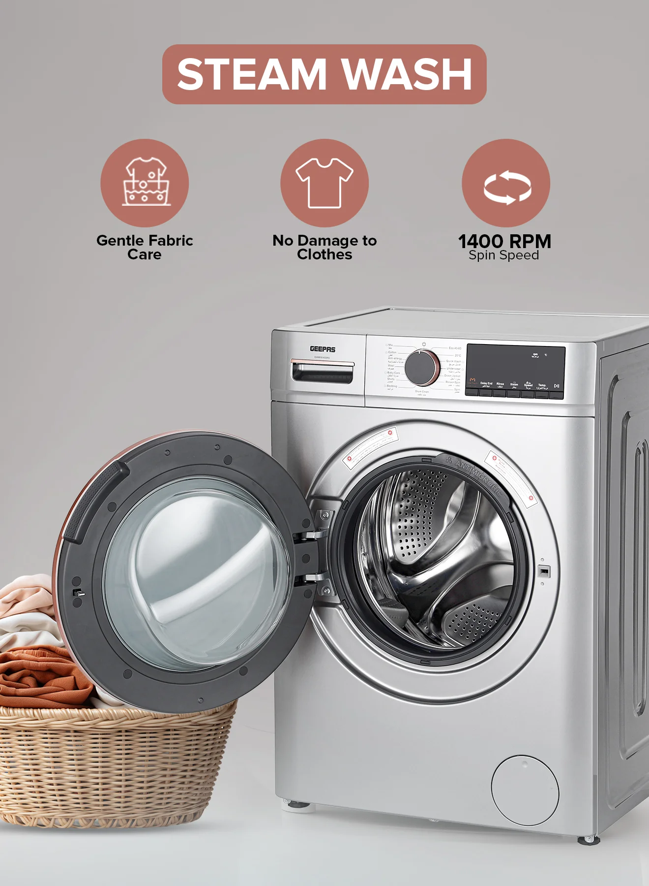 Geepas GWMF8140SRG Front Load Washing Machine | 8Kg Large Capacity| 1400 RPM Spin Speed| Steam Wash Function| BLDC Inverter Motor| LED Display | 10-Year Motor Warranty - Image 3