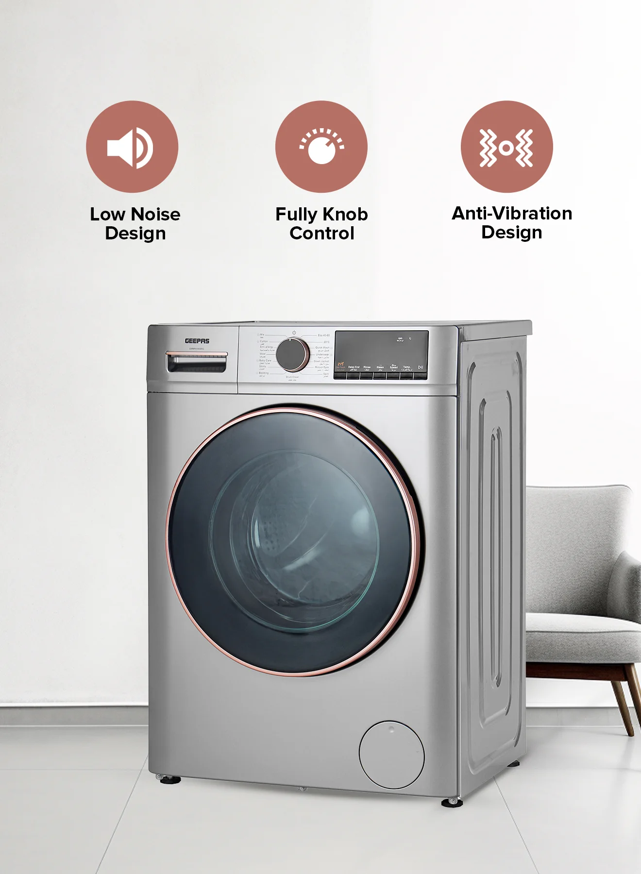 Geepas GWMF8140SRG Front Load Washing Machine | 8Kg Large Capacity| 1400 RPM Spin Speed| Steam Wash Function| BLDC Inverter Motor| LED Display | 10-Year Motor Warranty - Image 4