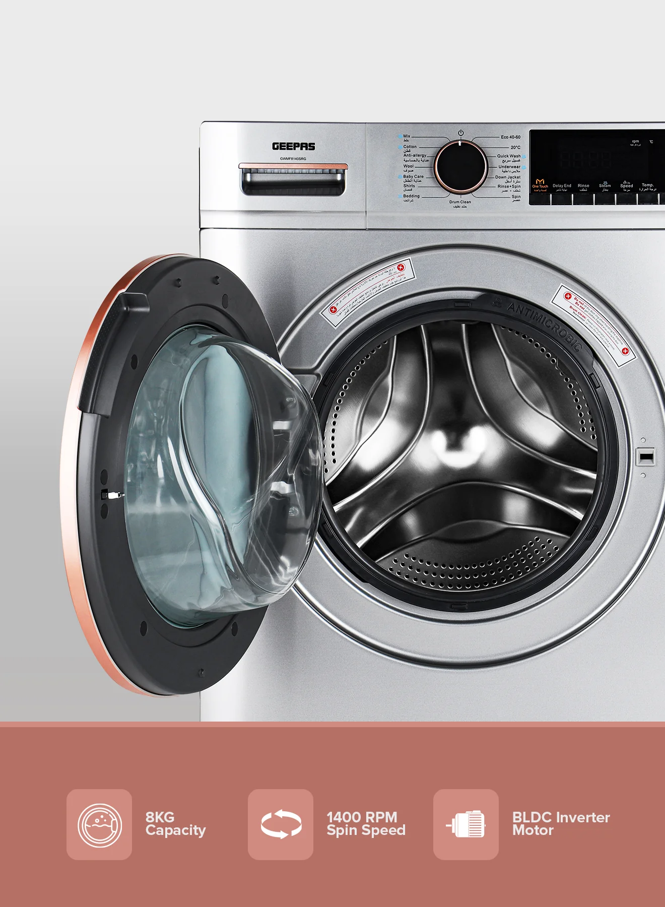 Geepas GWMF8140SRG Front Load Washing Machine | 8Kg Large Capacity| 1400 RPM Spin Speed| Steam Wash Function| BLDC Inverter Motor| LED Display | 10-Year Motor Warranty - Image 5