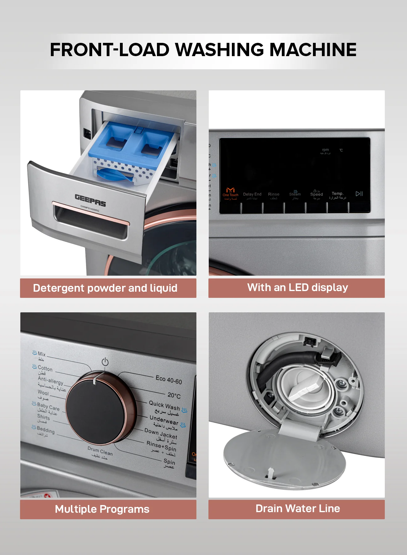 Geepas GWMF8140SRG Front Load Washing Machine | 8Kg Large Capacity| 1400 RPM Spin Speed| Steam Wash Function| BLDC Inverter Motor| LED Display | 10-Year Motor Warranty - Image 6