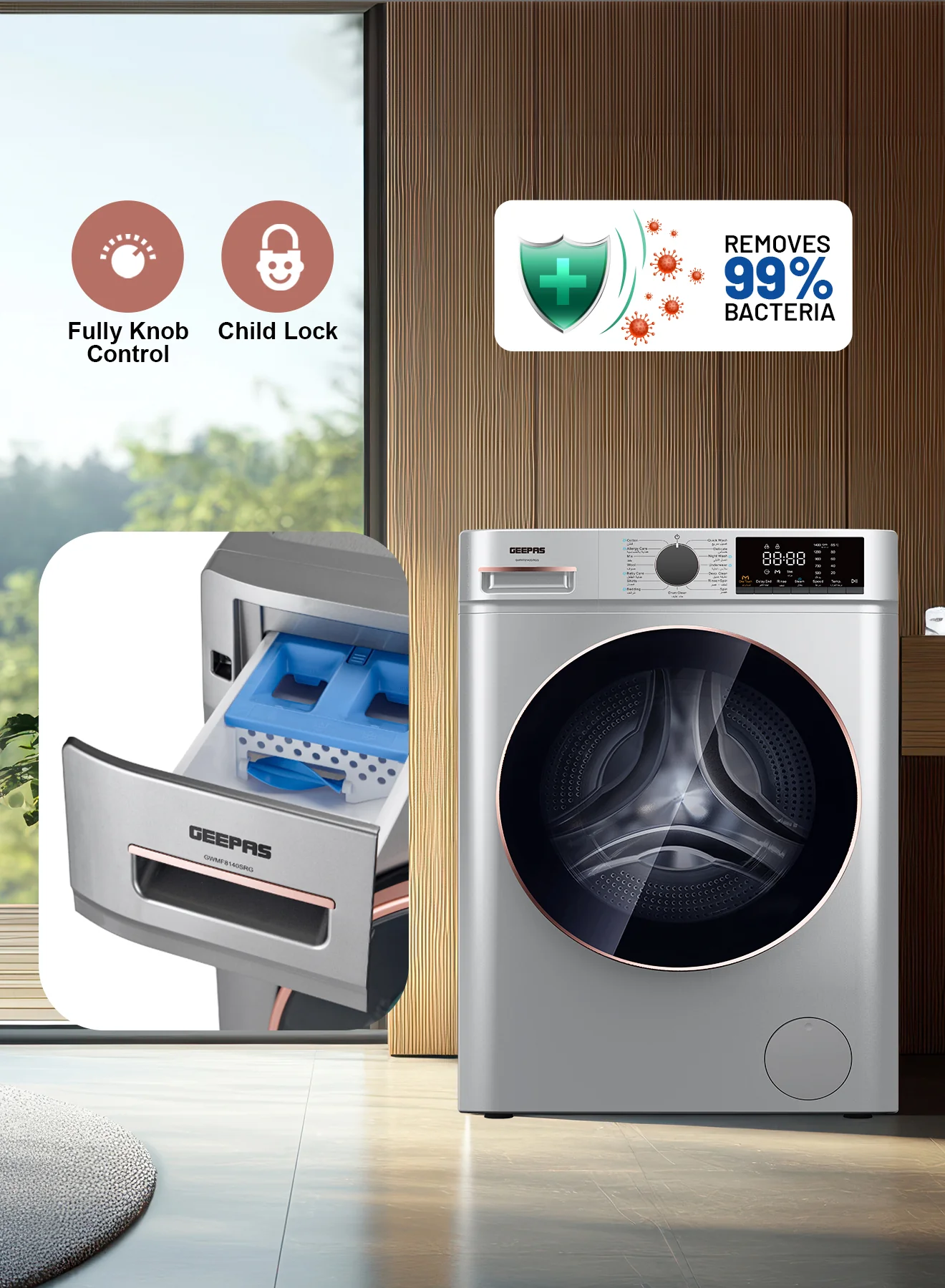 Geepas GWMF8140SRG Front Load Washing Machine | 8Kg Large Capacity| 1400 RPM Spin Speed| Steam Wash Function| BLDC Inverter Motor| LED Display | 10-Year Motor Warranty - Image 7