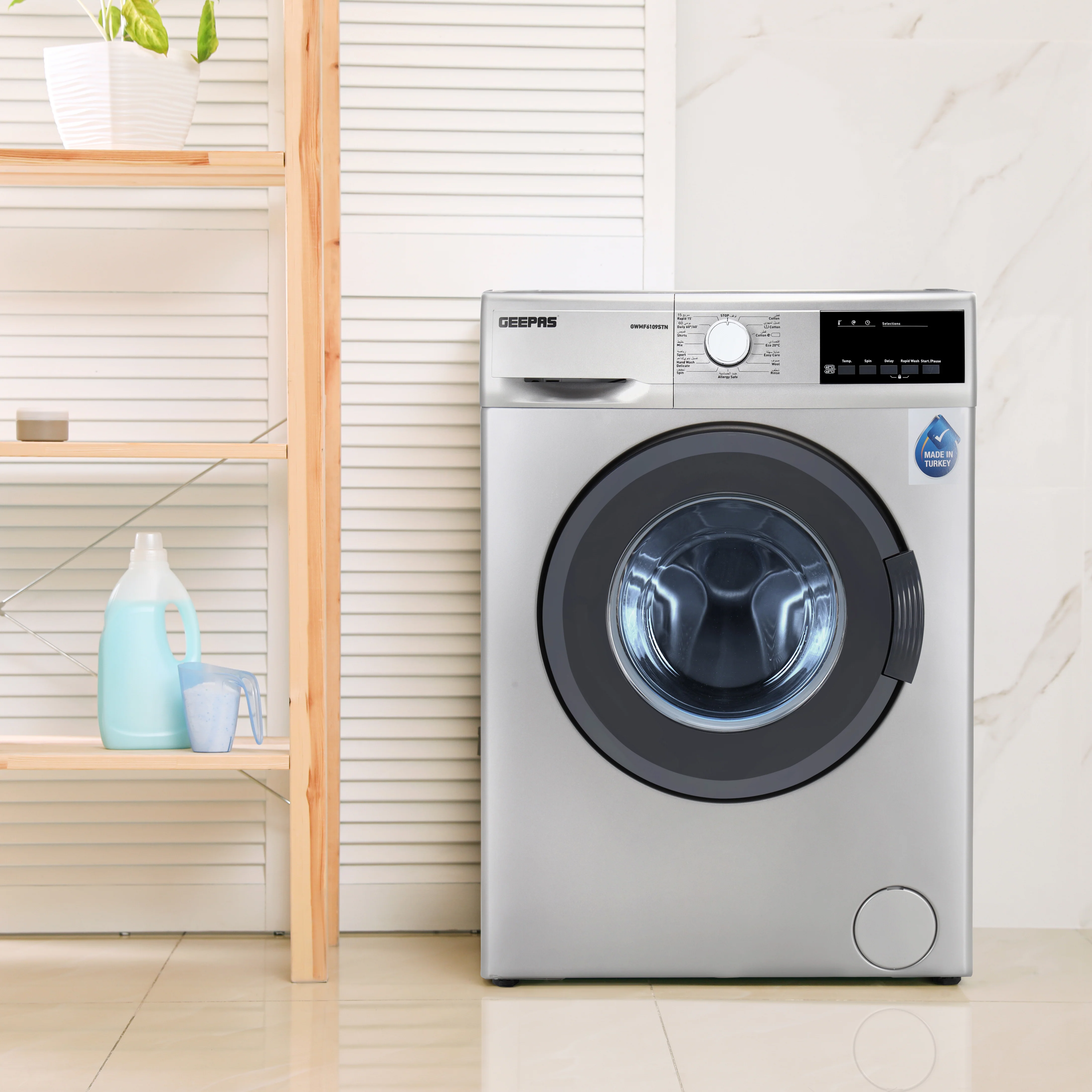 Geepas GWNF6109STN Front Load Washing Machine | 6kg with 15 Wash Programs | Eco-Logic Technology | 1000 RPM Spin Speed | LED Display | Child Lock & Safety Features - Image 2