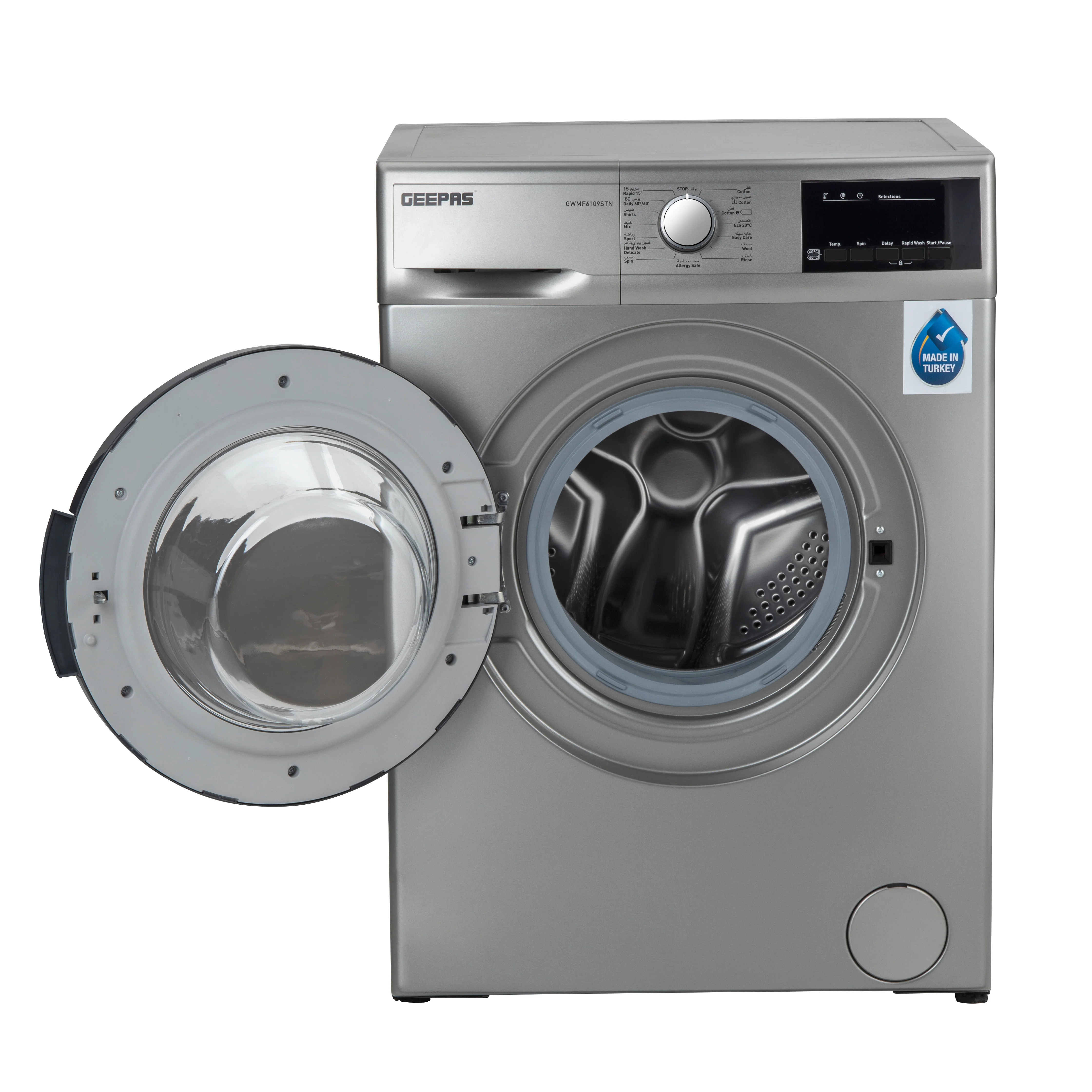 Geepas GWNF6109STN Front Load Washing Machine | 6kg with 15 Wash Programs | Eco-Logic Technology | 1000 RPM Spin Speed | LED Display | Child Lock & Safety Features - Image 3