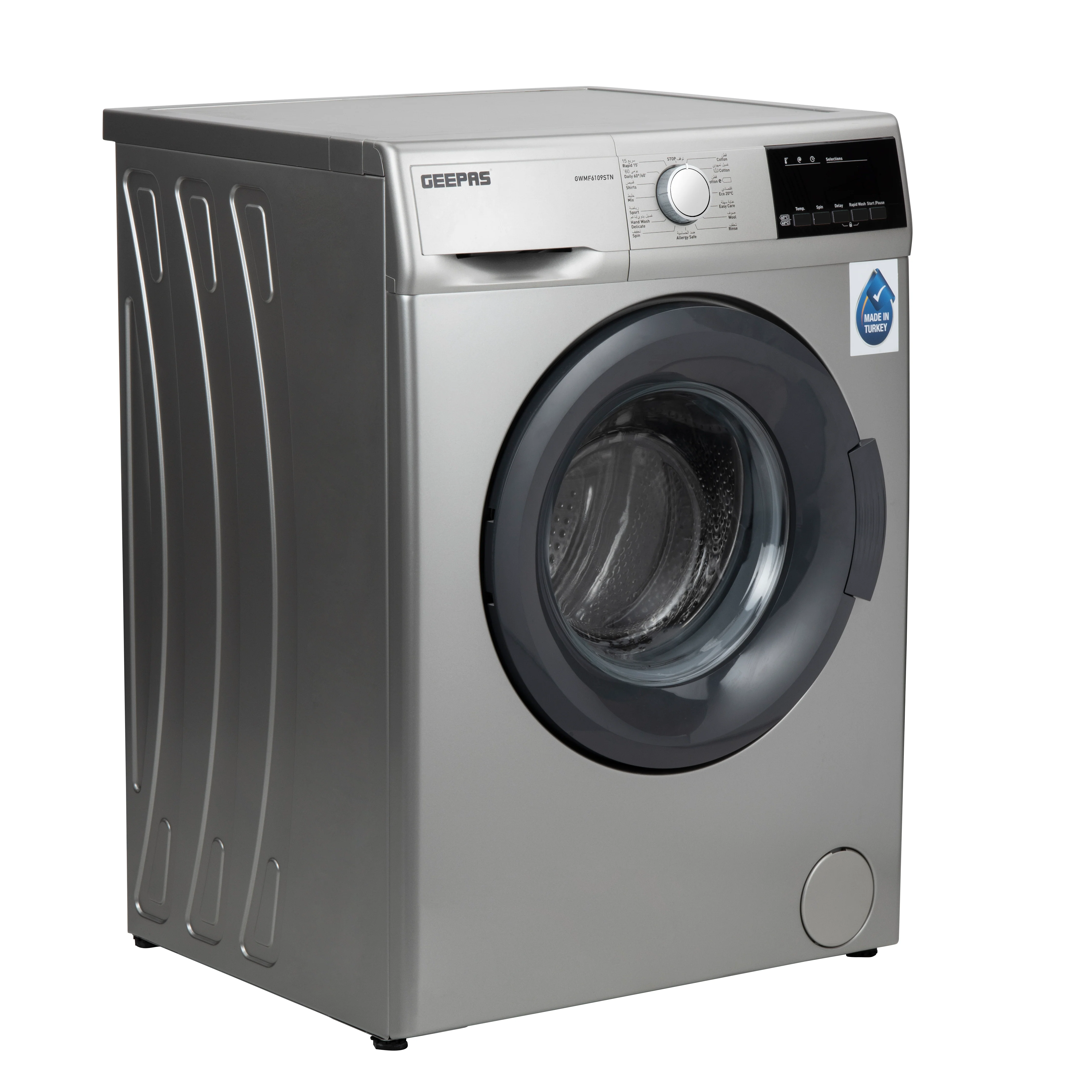 Geepas GWNF6109STN Front Load Washing Machine | 6kg with 15 Wash Programs | Eco-Logic Technology | 1000 RPM Spin Speed | LED Display | Child Lock & Safety Features - Image 4