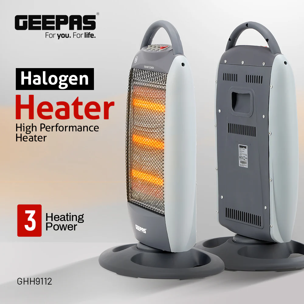 Geepas Halogen Heater- GHH9112 | 1200W/800W/400W Heat Settings, Safety Tip-Over Switch, Oscillation, Cool-Touch Housing & Carry Handle, Ideal for Home & Office - Image 3