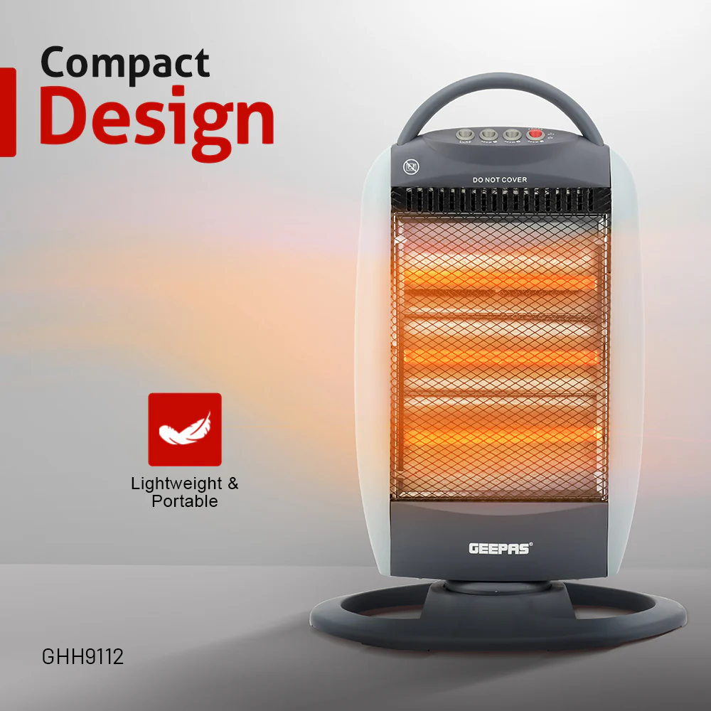 Geepas Halogen Heater- GHH9112 | 1200W/800W/400W Heat Settings, Safety Tip-Over Switch, Oscillation, Cool-Touch Housing & Carry Handle, Ideal for Home & Office - Image 4