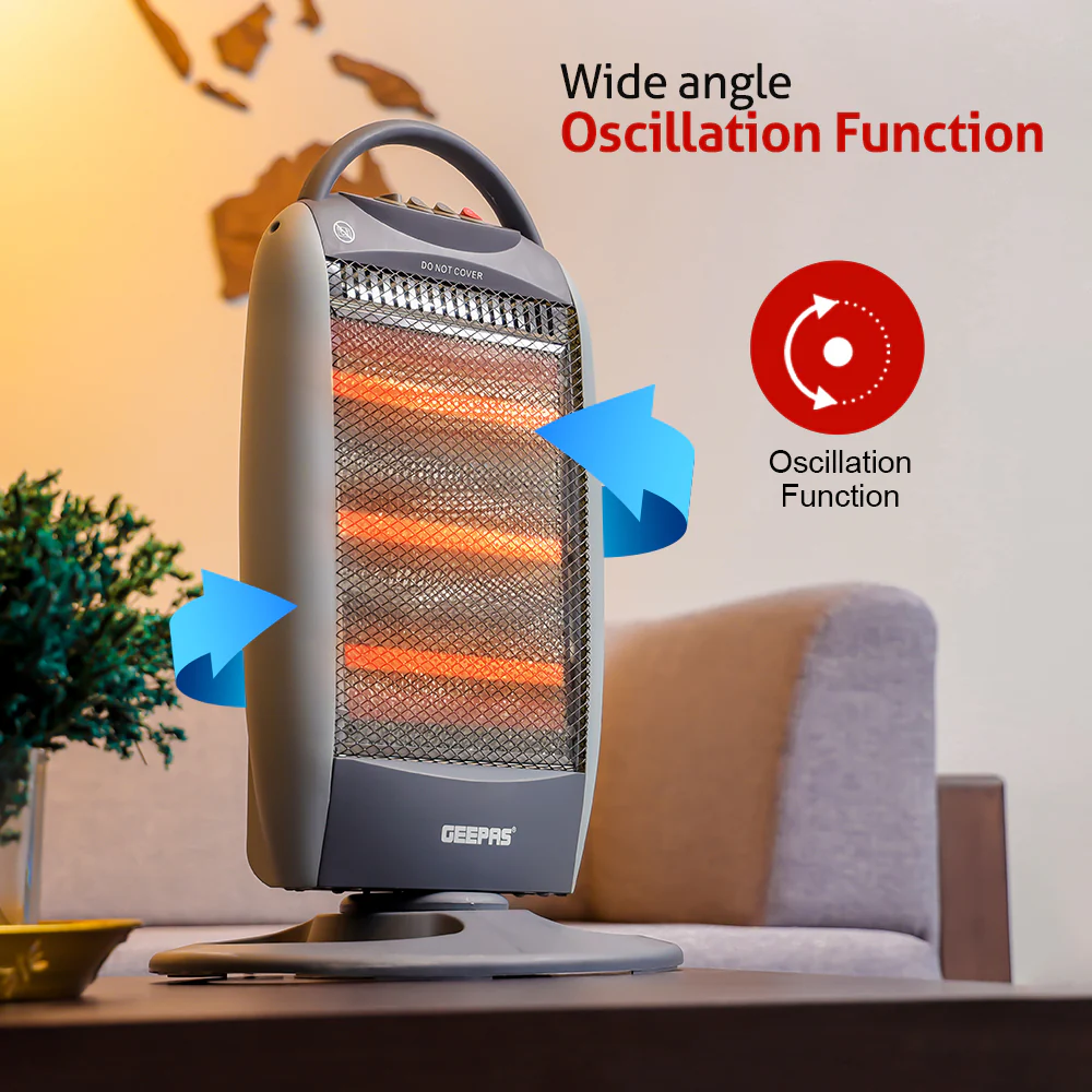 Geepas Halogen Heater- GHH9112 | 1200W/800W/400W Heat Settings, Safety Tip-Over Switch, Oscillation, Cool-Touch Housing & Carry Handle, Ideal for Home & Office - Image 5