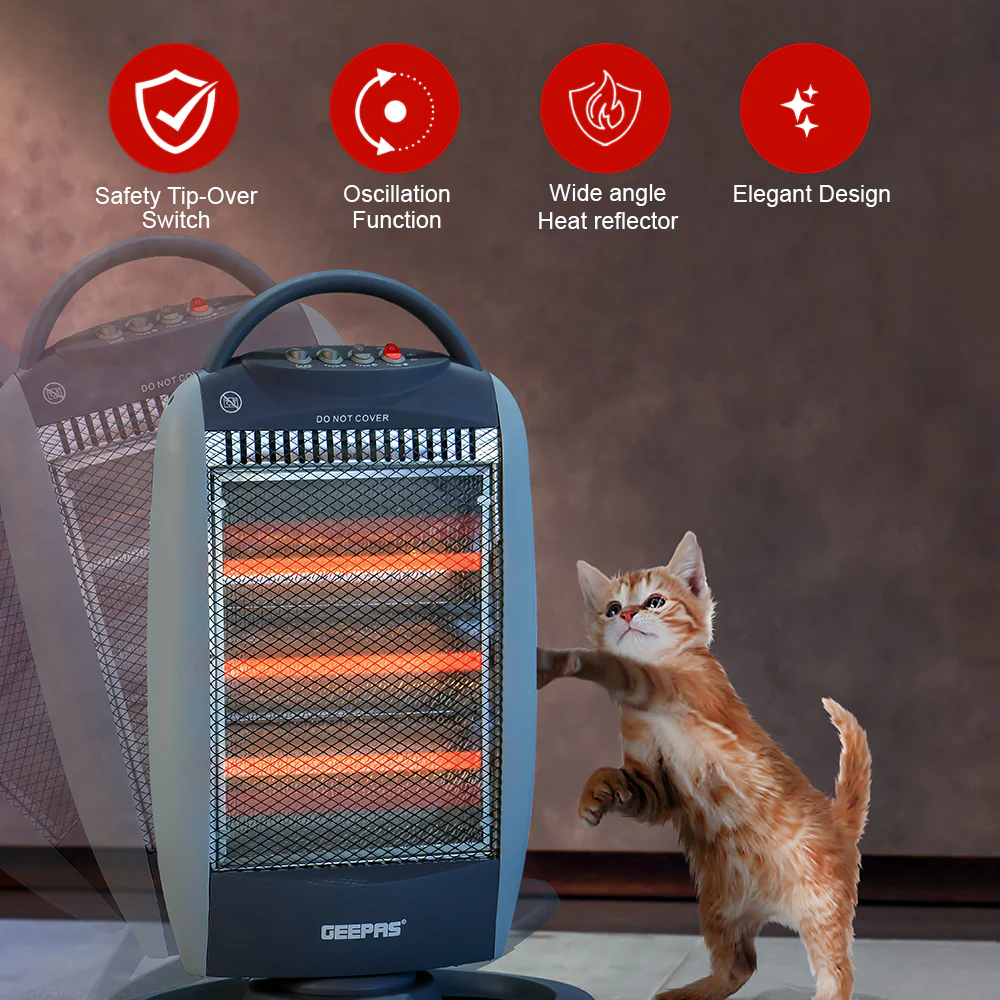Geepas Halogen Heater- GHH9112 | 1200W/800W/400W Heat Settings, Safety Tip-Over Switch, Oscillation, Cool-Touch Housing & Carry Handle, Ideal for Home & Office - Image 6