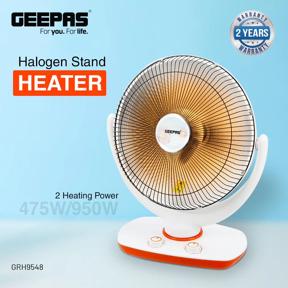 Geepas GRH9548 Halogen Stand Heater | 2 Heat Settings 475W/950W | 1-Hour Timer | Adjustable Head | Safety Tip-Over Switch | Portable & Lightweight | 2 Years Warranty - Image 3