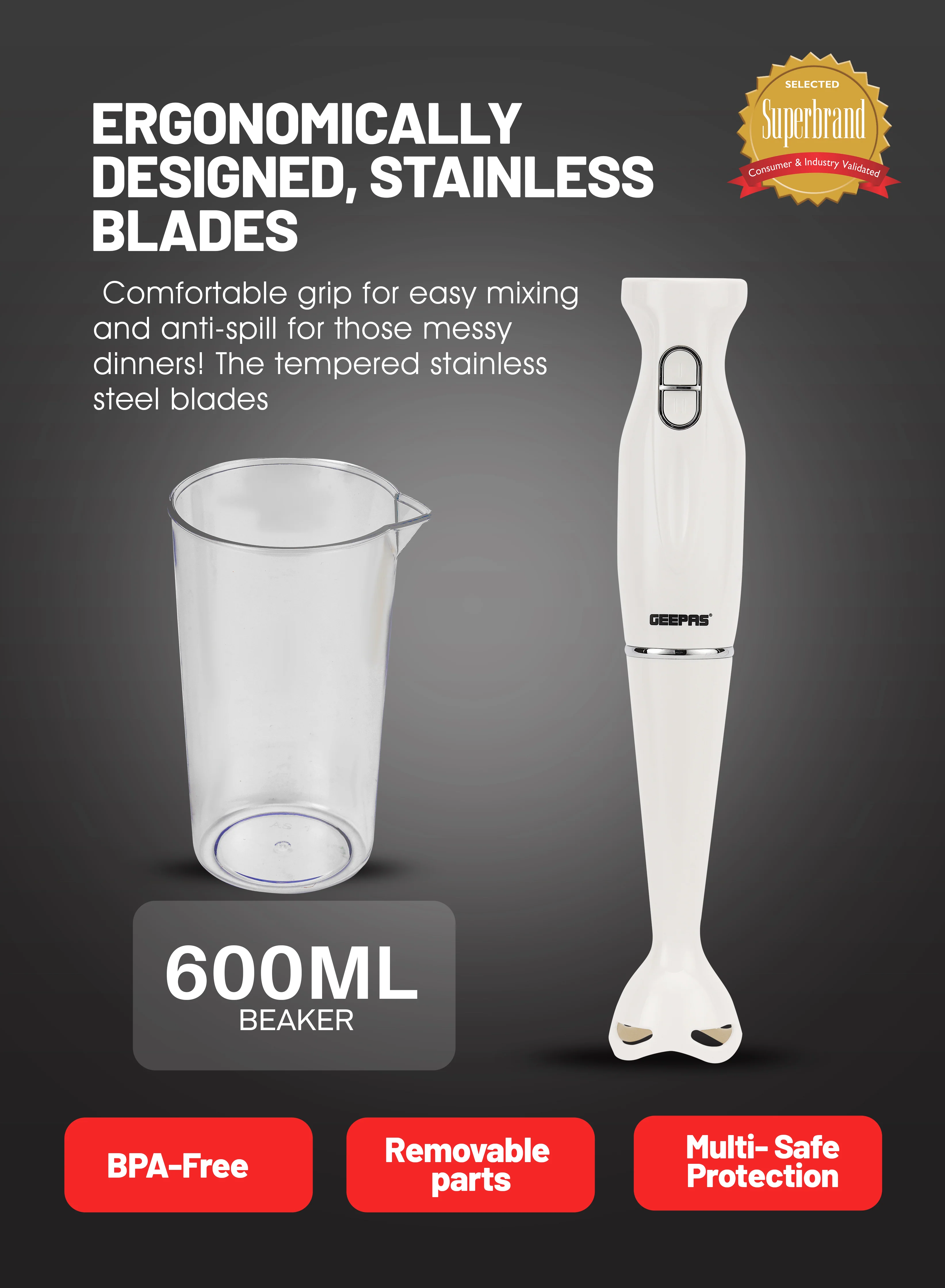 Geepas Hand Blender GHB6143 | 200W Powerful Motor| 2 Speed Control| Stainless Steel Blade| 600ml Beaker|  Durable & Easy to Use Kitchen Appliance| 2 Years Warranty - Image 3