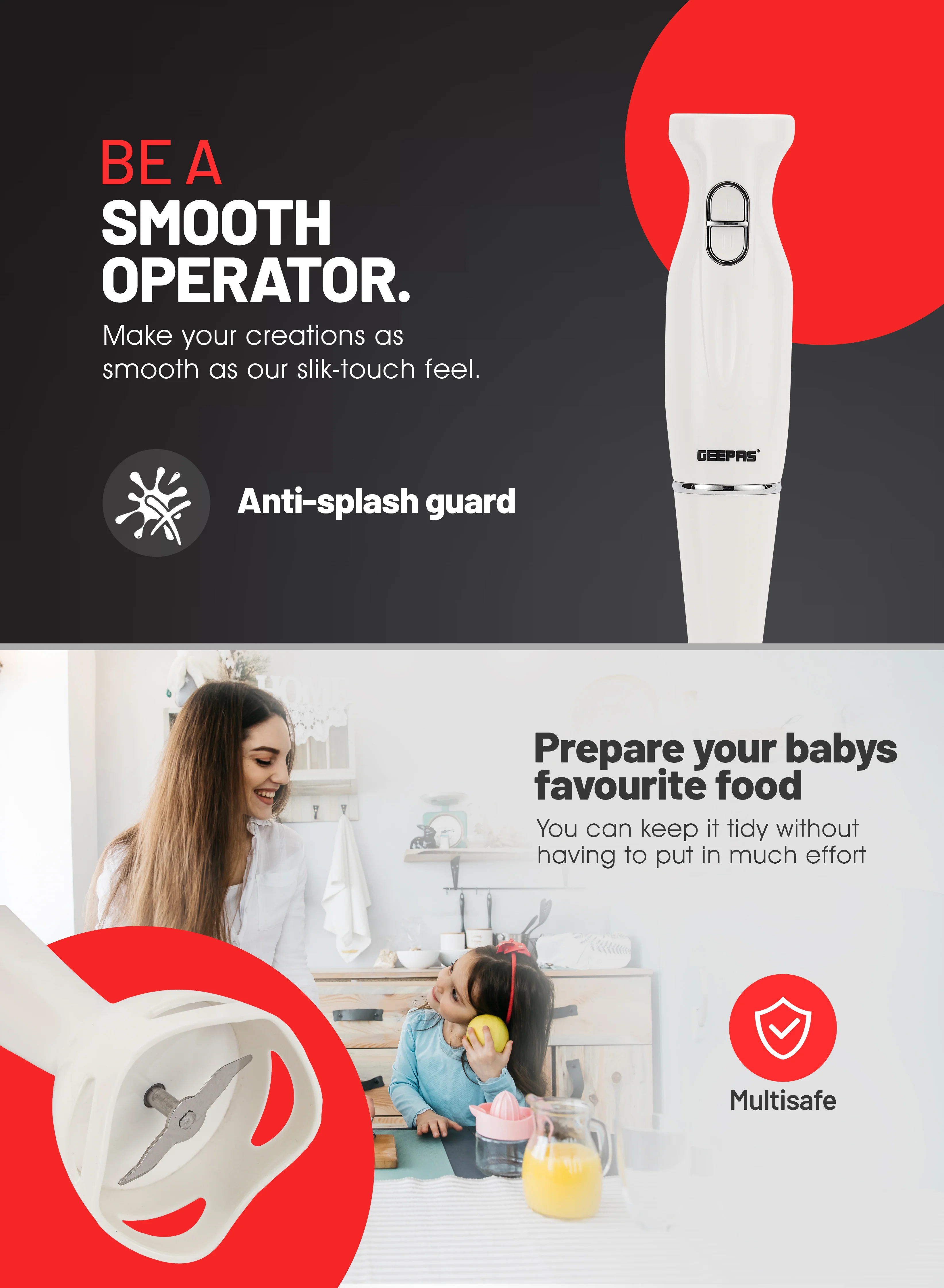 Geepas Hand Blender GHB6143 | 200W Powerful Motor| 2 Speed Control| Stainless Steel Blade| 600ml Beaker|  Durable & Easy to Use Kitchen Appliance| 2 Years Warranty - Image 4