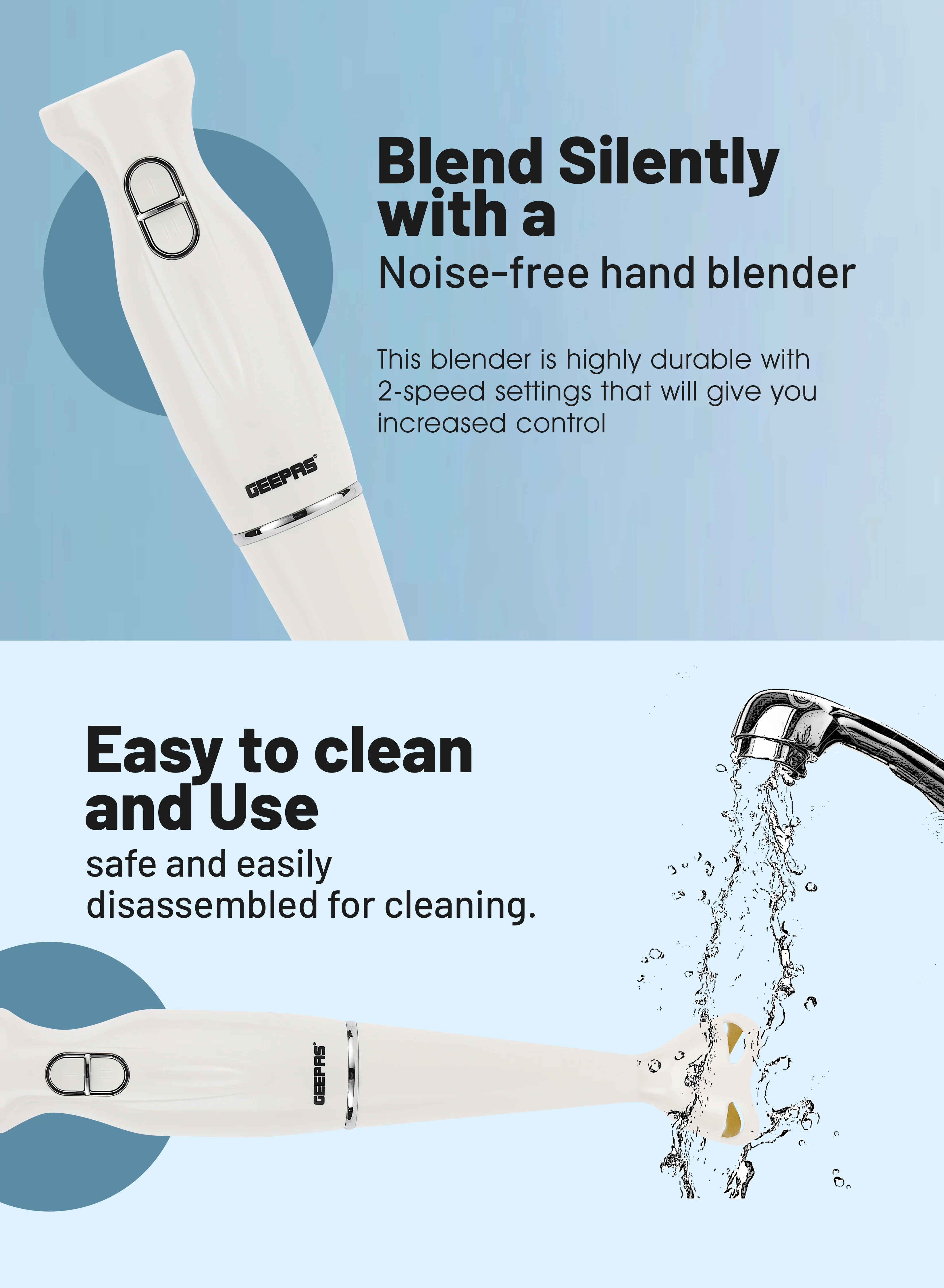 Geepas Hand Blender GHB6143 | 200W Powerful Motor| 2 Speed Control| Stainless Steel Blade| 600ml Beaker|  Durable & Easy to Use Kitchen Appliance| 2 Years Warranty - Image 6