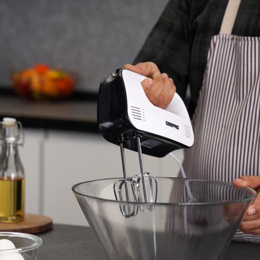 Geepas Hand Mixer- GHM43030/ 150 W, 3 Speed Control, Eject Button and Overheat Protection/ Includes 2 Attachments, Hooks and Beater/ Black and White, 2 Years Warranty - Image 3