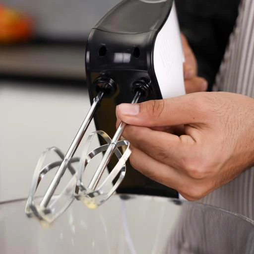 Geepas Hand Mixer- GHM43030/ 150 W, 3 Speed Control, Eject Button and Overheat Protection/ Includes 2 Attachments, Hooks and Beater/ Black and White, 2 Years Warranty - Image 4