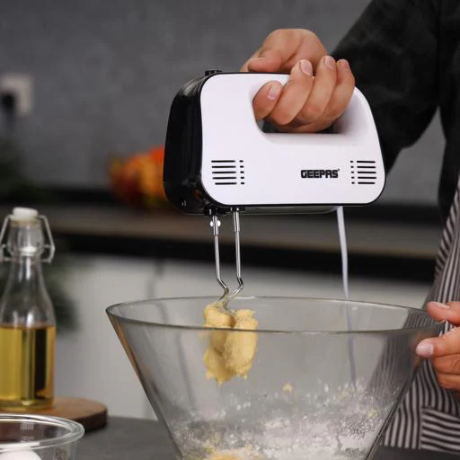 Geepas Hand Mixer- GHM43030/ 150 W, 3 Speed Control, Eject Button and Overheat Protection/ Includes 2 Attachments, Hooks and Beater/ Black and White, 2 Years Warranty - Image 5