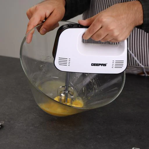 Geepas Hand Mixer- GHM43030/ 150 W, 3 Speed Control, Eject Button and Overheat Protection/ Includes 2 Attachments, Hooks and Beater/ Black and White, 2 Years Warranty - Image 6