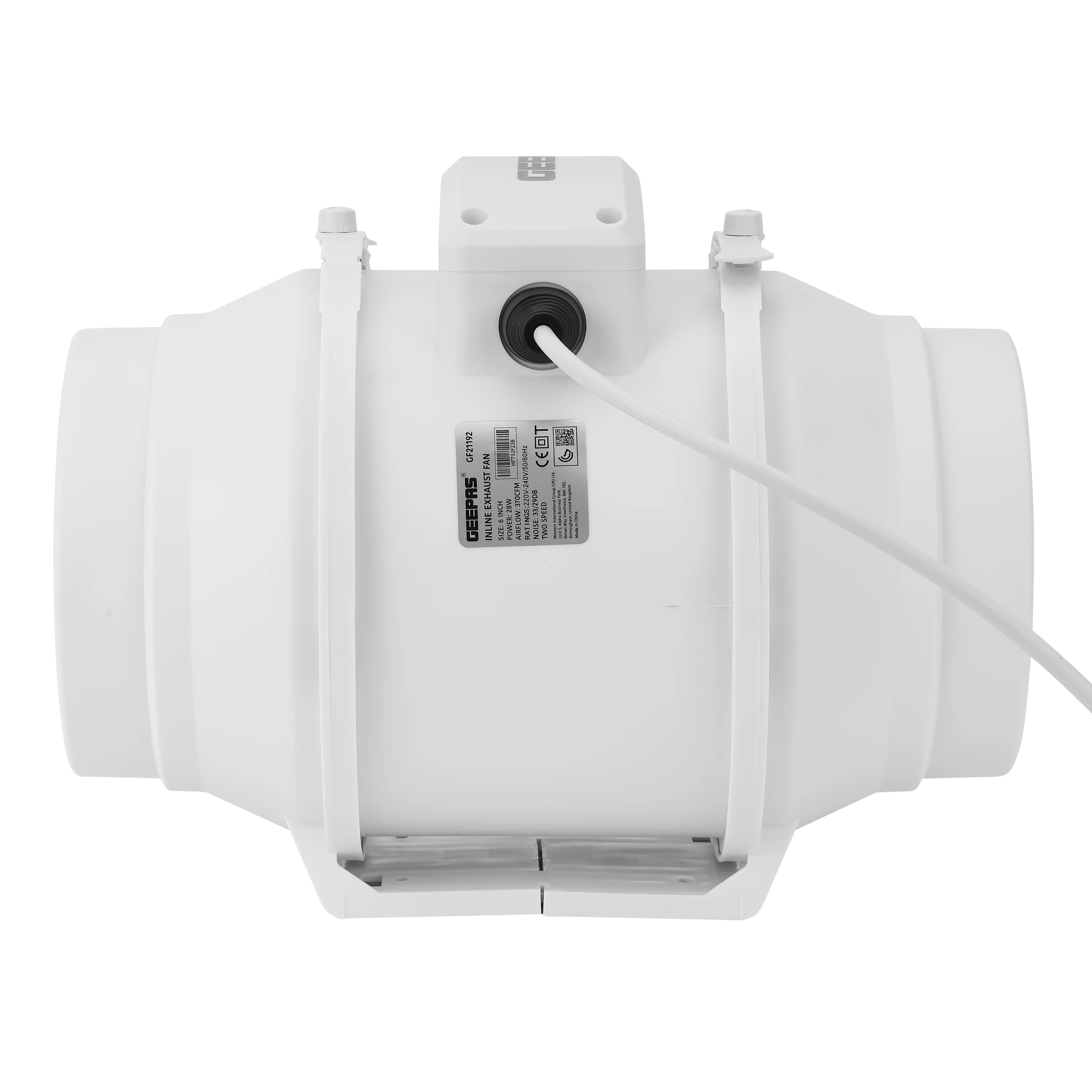 Geepas Inline Exhaust Fan GF21192 – 6", 28W, 2150 RPM, 370 CFM, Rust-Free, Low Noise, IPX4, Ideal for Homes & Commercial Spaces, 1-Year Warranty, White - Image 4