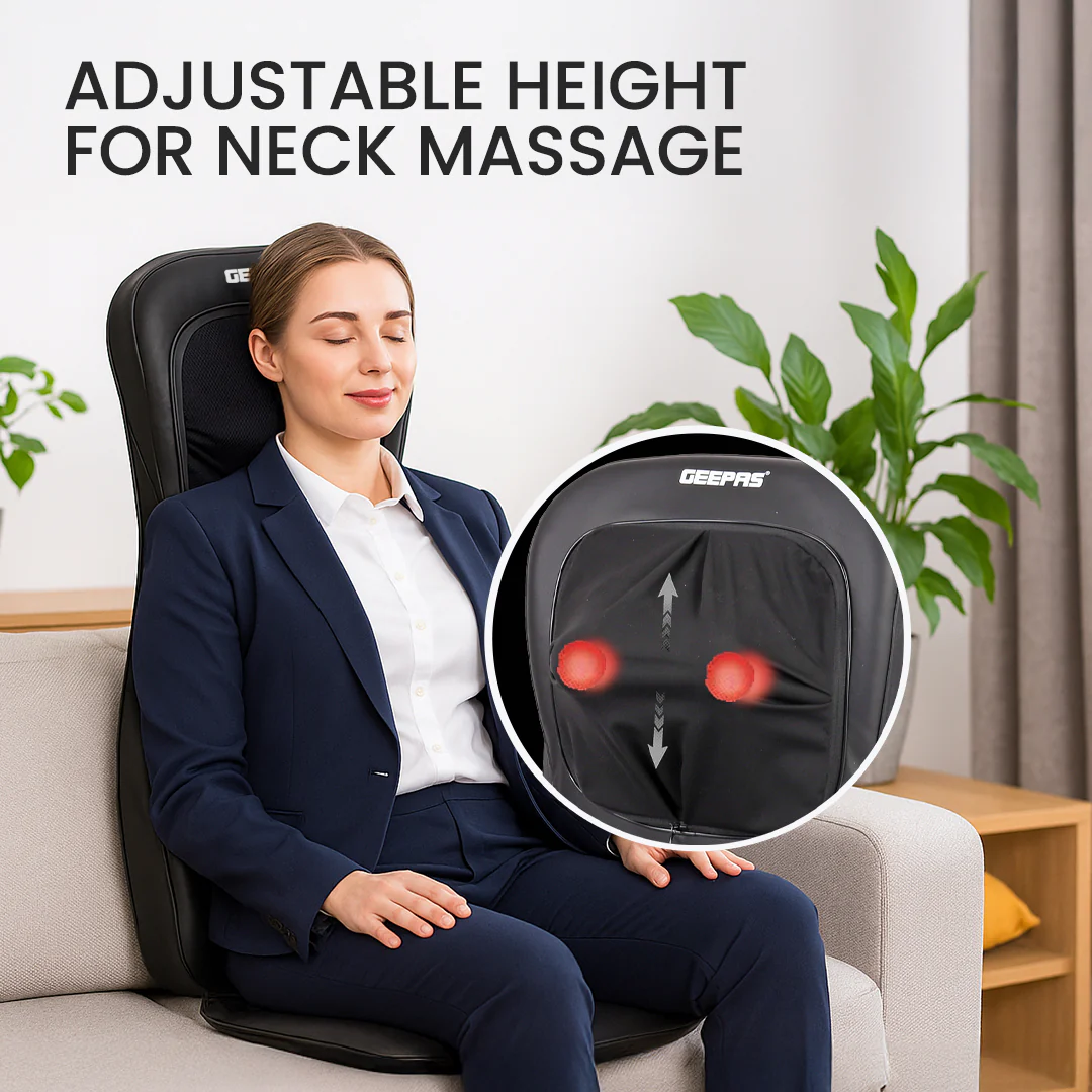 Geepas Full-Body Massage Chair Pad GM86104 | Shiatsu Kneading Massage, Vibration Function, Heating Therapy, Adjustable Intensity, Neck & Back Relaxation Cushion - Image 5