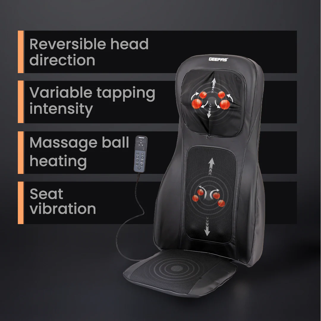 Geepas Full-Body Massage Chair Pad GM86104 | Shiatsu Kneading Massage, Vibration Function, Heating Therapy, Adjustable Intensity, Neck & Back Relaxation Cushion - Image 6